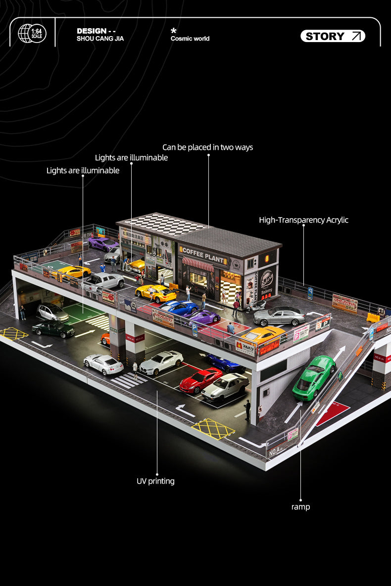 [Preorder] SHOU CANG JIA 1:64 Double-Storey Ramp-Access Parking Lot SCENE Model (2 Versions) SCJ-73451A/SCJ-73451B