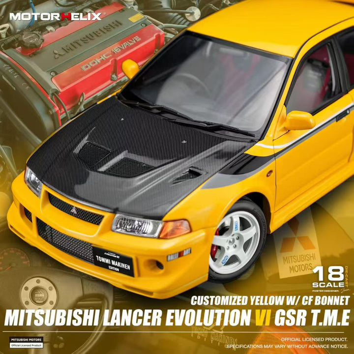 Motorhelix 1:18 Mitsubishi Lancer Evolution VI GSR T.M.E Yellow W/ CF Bonnet M84306