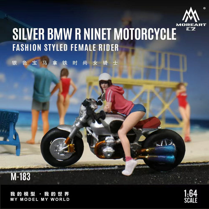 [Preorder] MoreArt 1:64 SILVER BMW R NINET MOTORCYCLE FASHION STYLED FEMALE RIDER MO222183