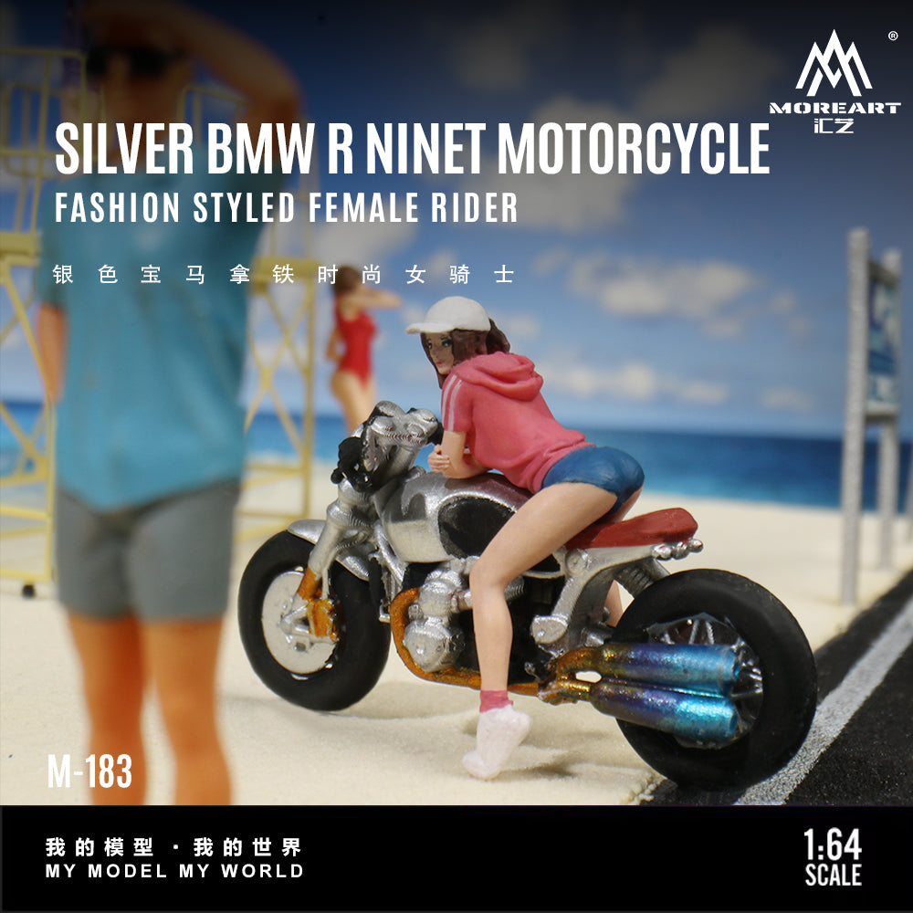 [Preorder] MoreArt 1:64 SILVER BMW R NINET MOTORCYCLE FASHION STYLED FEMALE RIDER MO222183