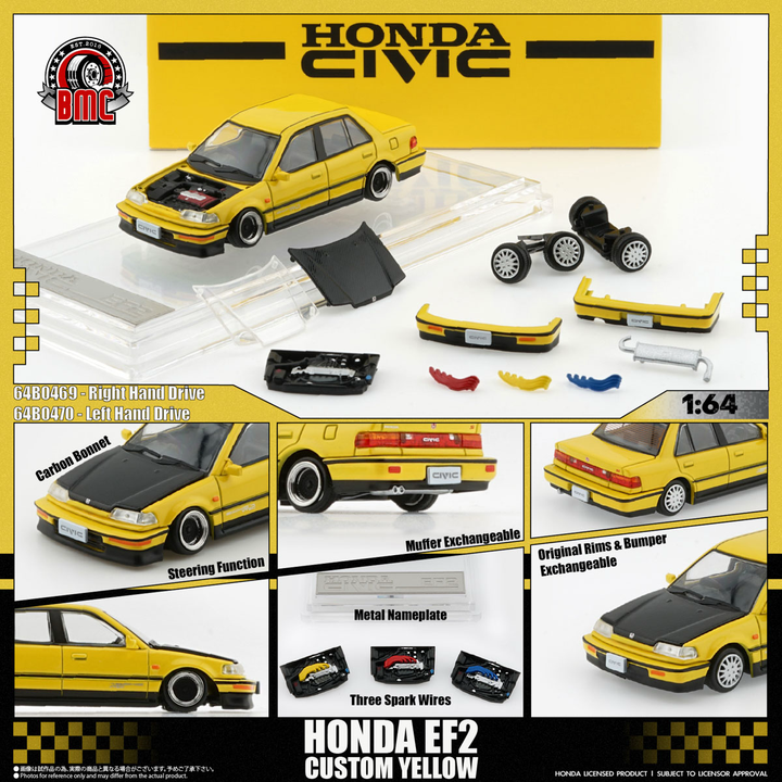 [Preorder] BMC 1:64 Honda Civic EF2 1991 - Custom Yellow BlK Bonnet 64B0469