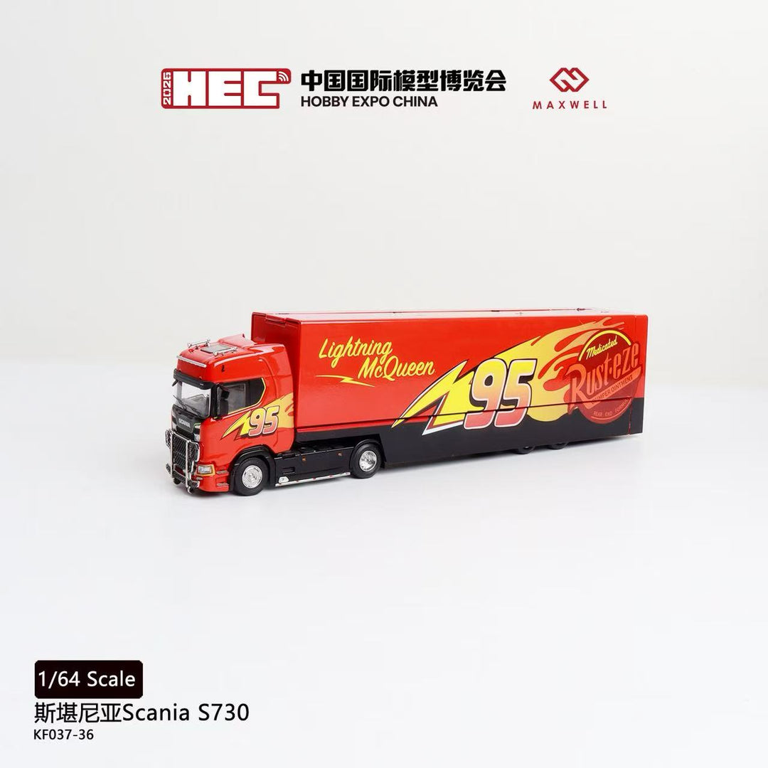 [Preorder] Kengfai &amp; MAXWELL 1:64 Scania S730 v8 Double Deck Enclosed Flying Wing Transporter - McQueen 95