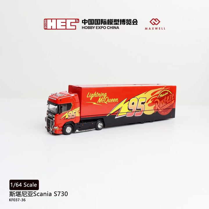 [Preorder] Kengfai &amp; MAXWELL 1:64 Scania S730 v8 Double Deck Enclosed Flying Wing Transporter - McQueen 95
