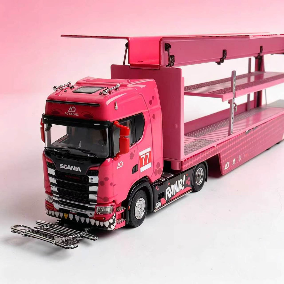 [Preorder] Kengfai &amp; MAXWELL 1:64 Scania S730 v8 Double Deck Enclosed Flying Wing Transporter - Pink Dinosaur