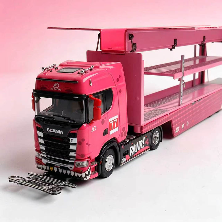 [Preorder] Kengfai &amp; MAXWELL 1:64 Scania S730 v8 Double Deck Enclosed Flying Wing Transporter - Pink Dinosaur