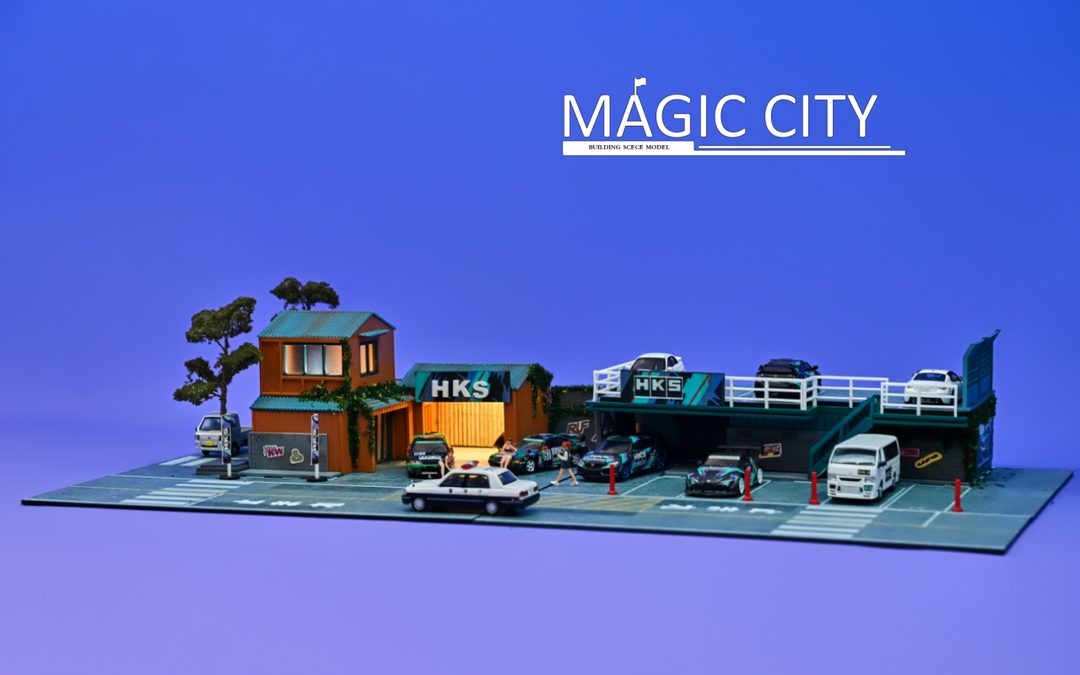 Magic City 1:64 Diorama HKS Japanese Building & Double Decker Parking Lot 110074