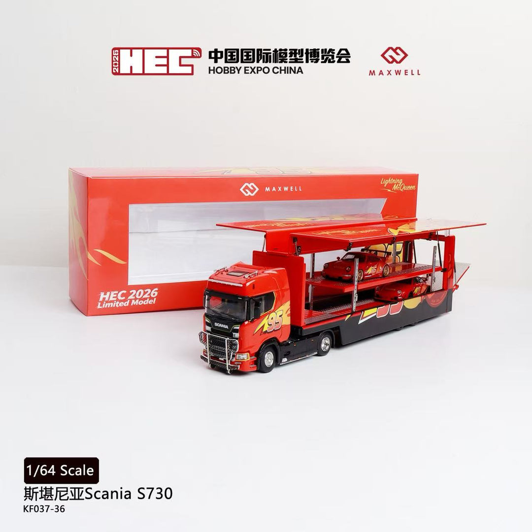 [Preorder] Kengfai &amp; MAXWELL 1:64 Scania S730 v8 Double Deck Enclosed Flying Wing Transporter - McQueen 95