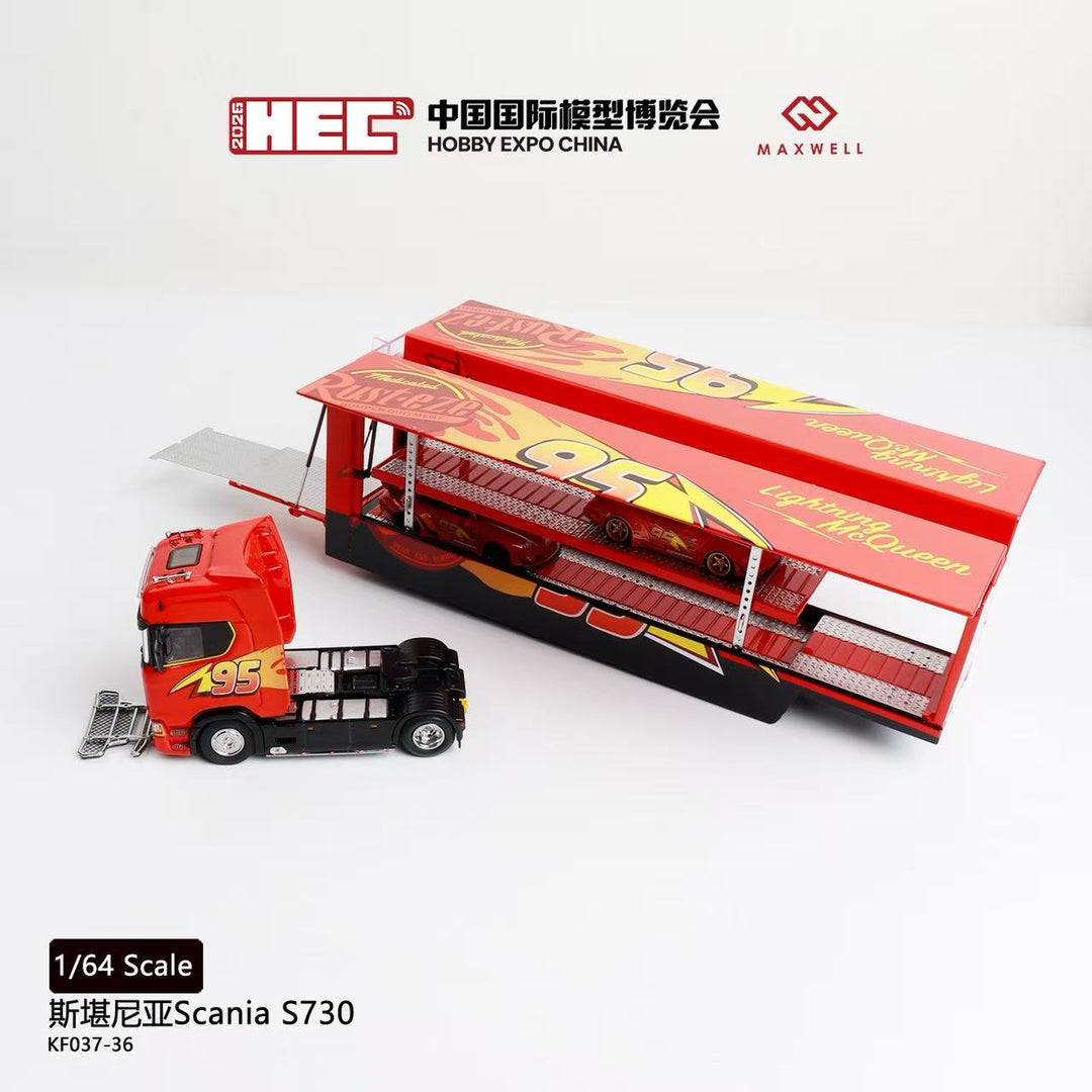 [Preorder] Kengfai &amp; MAXWELL 1:64 Scania S730 v8 Double Deck Enclosed Flying Wing Transporter - McQueen 95