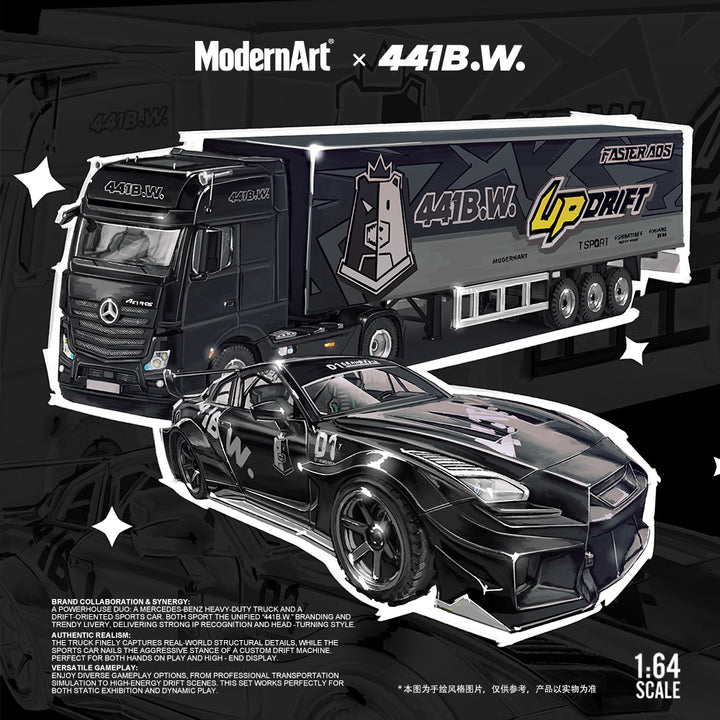 [Preorder] ModernArt 1:64 Nissan GTR35 &amp; Mercedes Actros Truck set (2 Versions) MD641530/MD641531