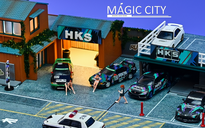 Magic City 1:64 Diorama HKS Japanese Building & Double Decker Parking Lot 110074