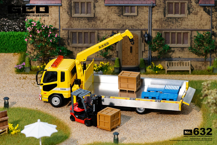 [Preorder] GCD 1:64 Mitsubishi Fuso crane Truck Yellow with Forklift KS-082-632