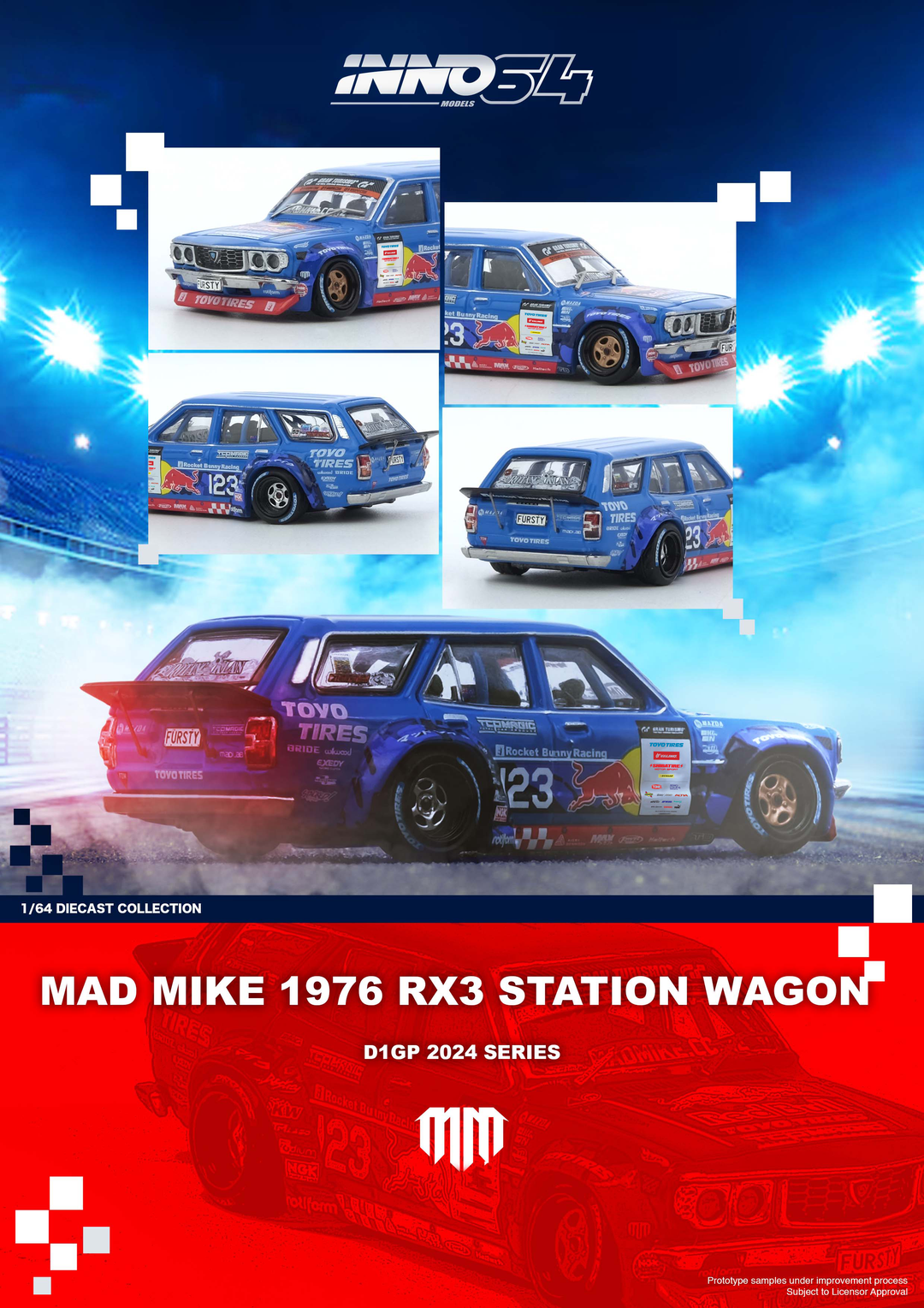 [Preorder] Inno64 1:64 Mad Mike 1976 Mazda RX3 Station Wagon D1GP Series 2024 IN64-RX3P-D1GP24