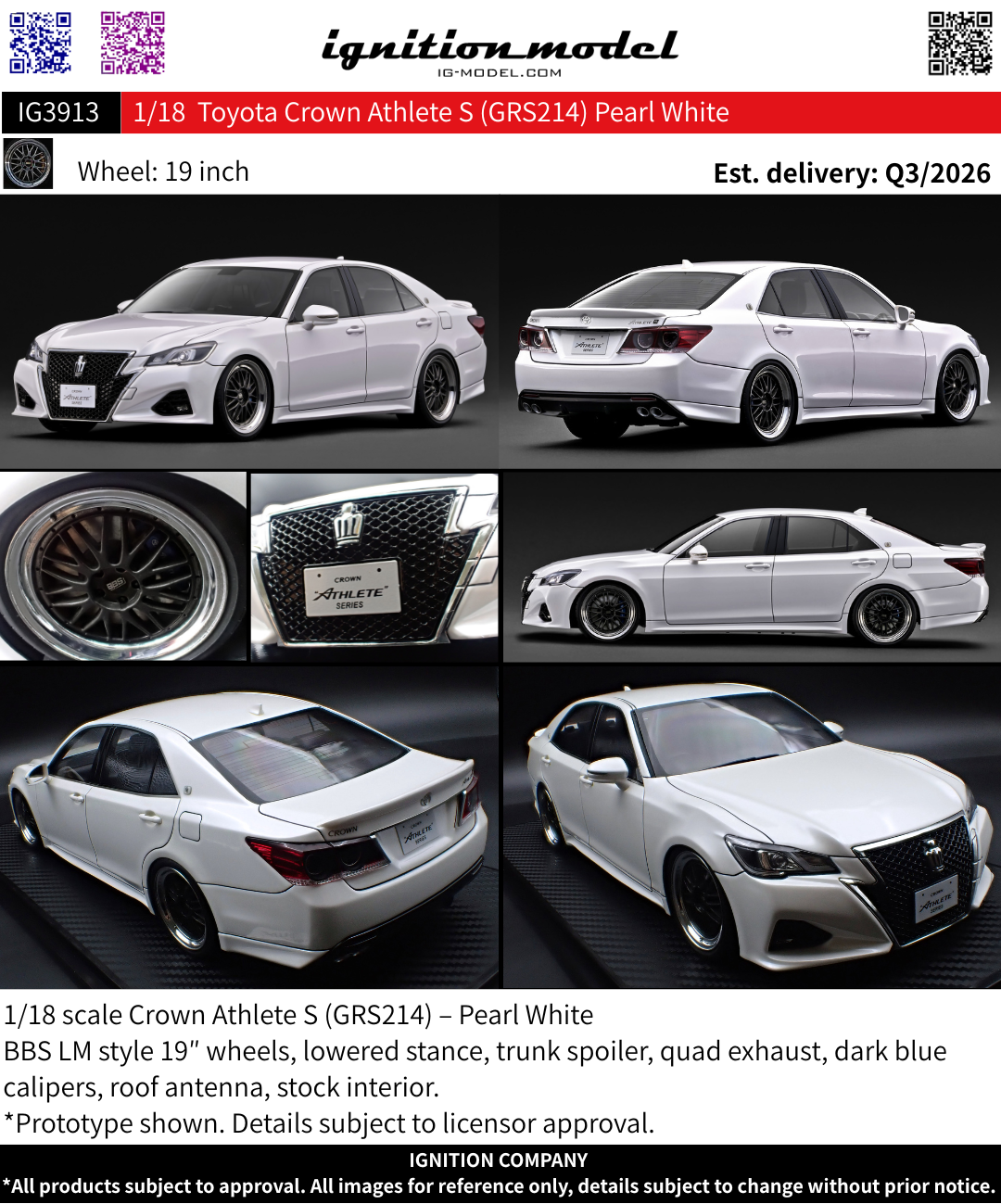 Ignition Model 1:18 Toyota Crown Athlete S (GRS214) Pearl White IG3913