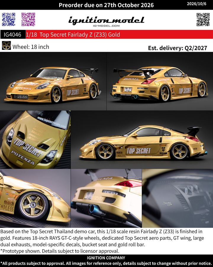 [Preorder] Ignition Model 1:18 Top Secret Fairlady Z (Z33) Gold IG4046