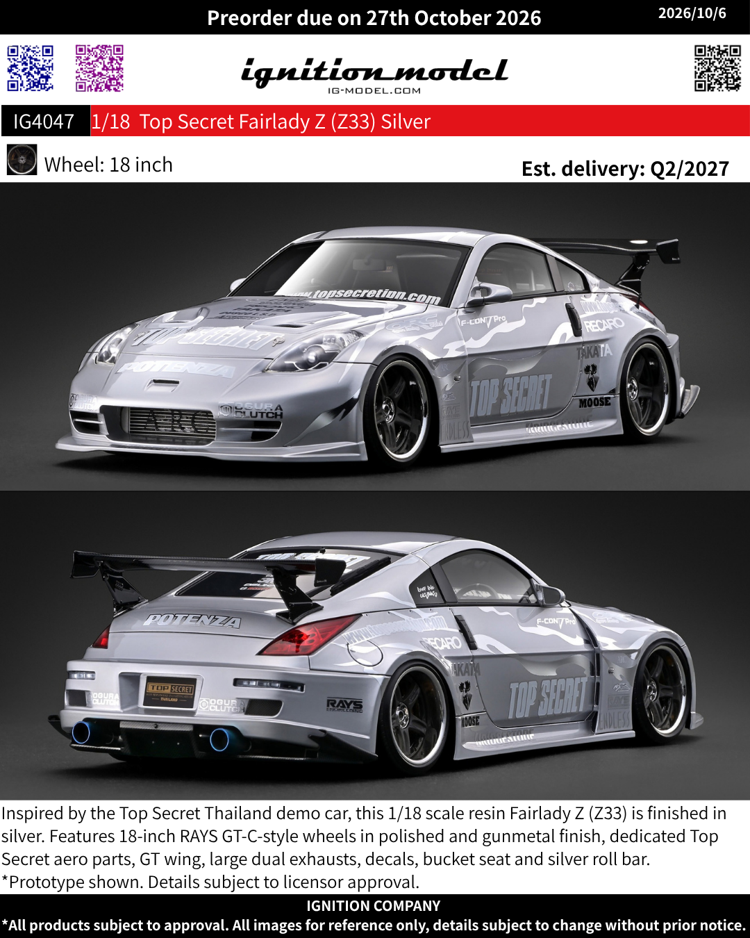 [Preorder] Ignition Model 1:18 Top Secret Fairlady Z (Z33) Silver IG4047