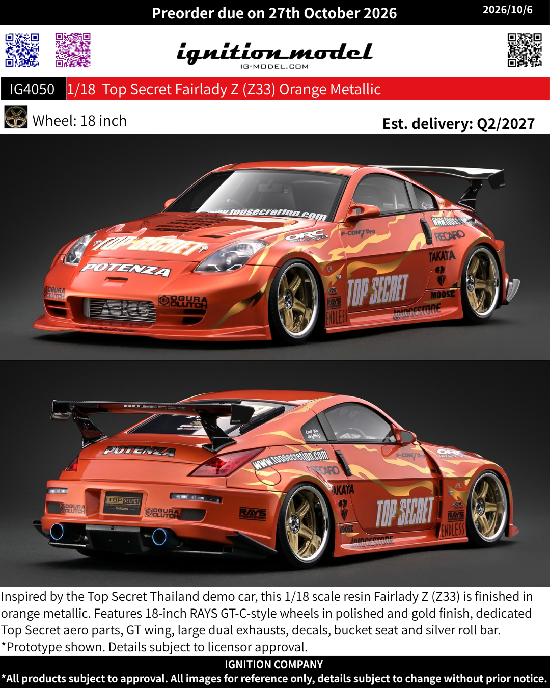 [Preorder] Ignition Model 1:18 Top Secret Fairlady Z (Z33) Orange Metallic IG4050