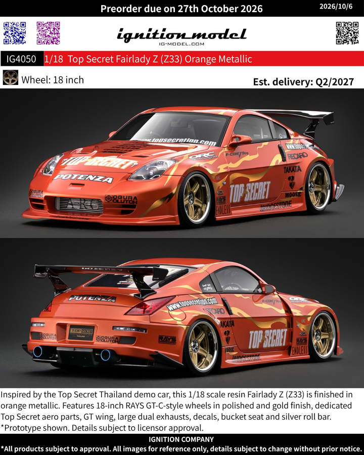[Preorder] Ignition Model 1:18 Top Secret Fairlady Z (Z33) Orange Metallic IG4050