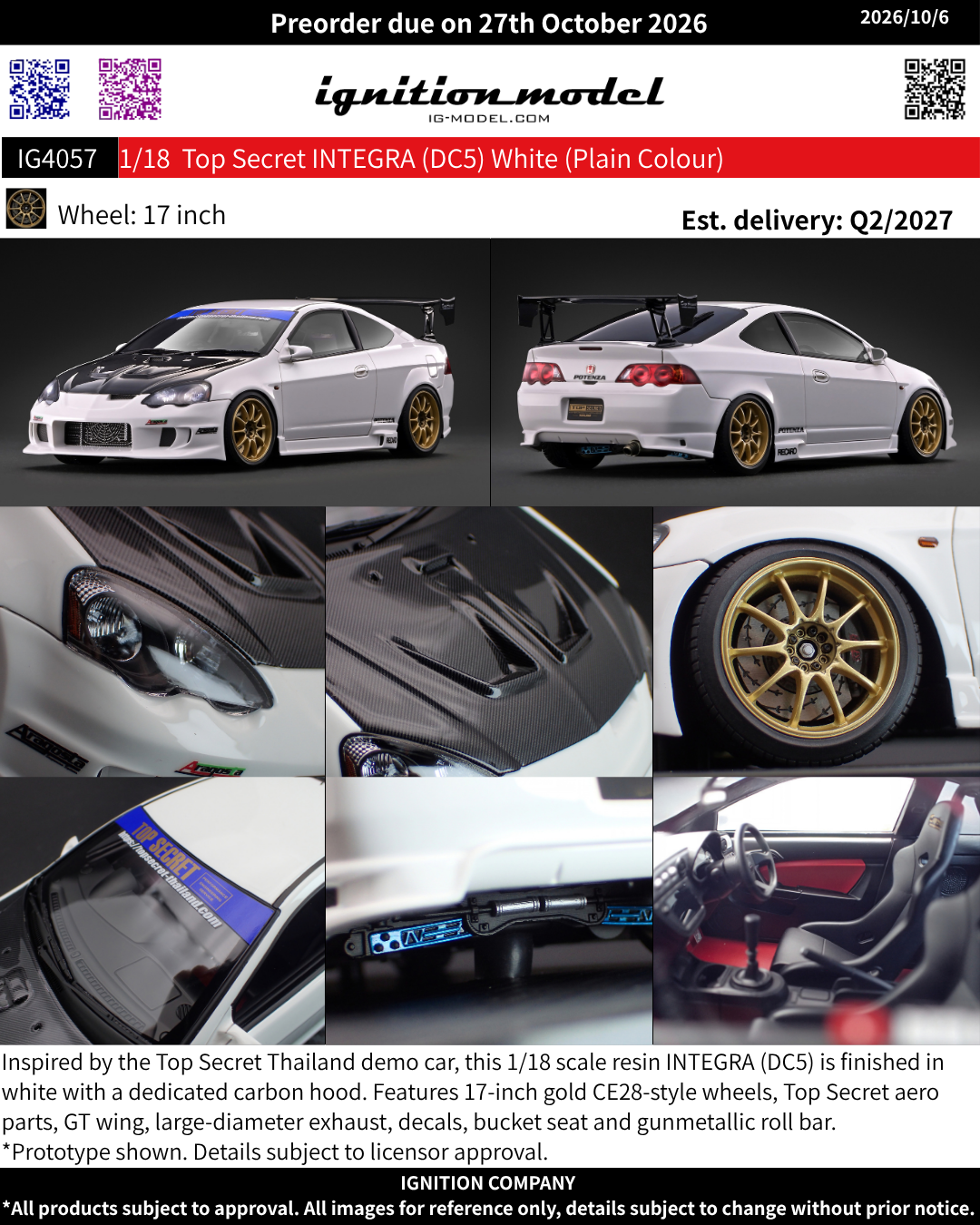 [Preorder] Ignition Model 1:18 Top Secret INTEGRA (DC5) White - Plain Color IG4057