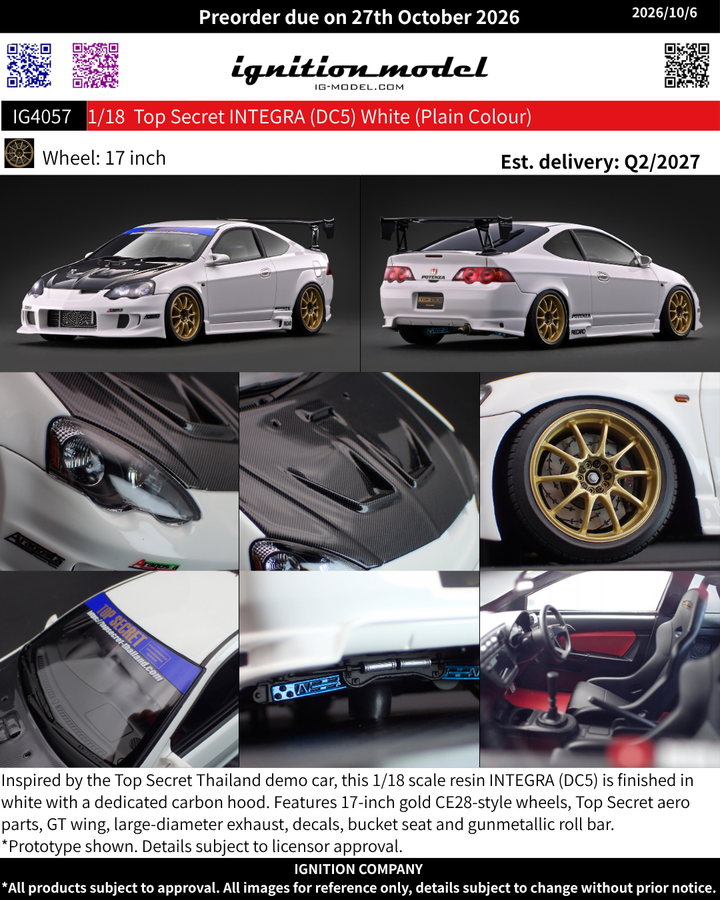 [Preorder] Ignition Model 1:18 Top Secret INTEGRA (DC5) White - Plain Color IG4057