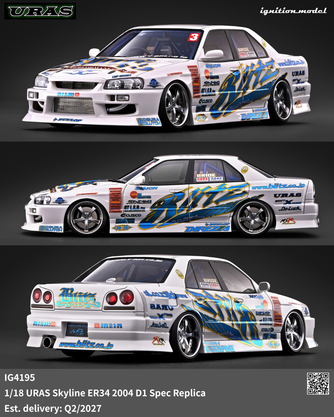 [Preorder] Ignition Model 1:18 URAS Skyline ER34 2004 D1 Spec Replica IG4195