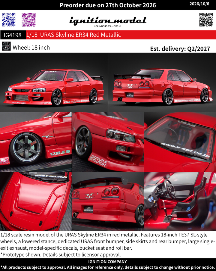 [Preorder] Ignition Model 1:18 URAS Skyline ER34 Red Metallic IG4198