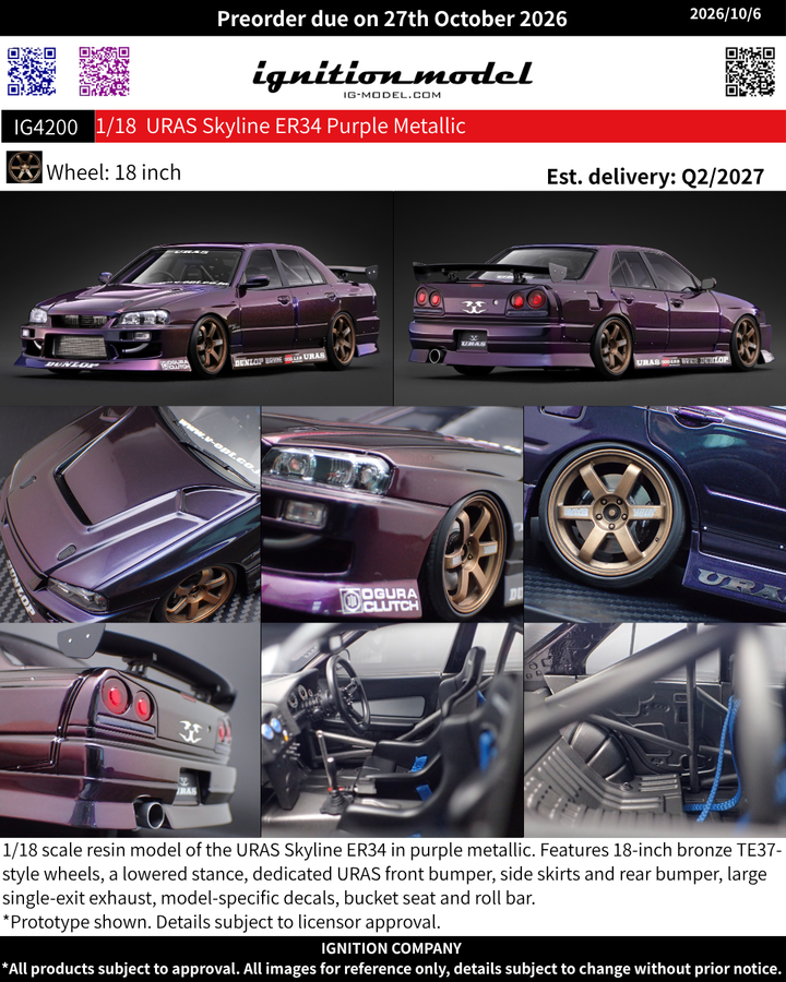 [Preorder] Ignition Model 1:18 URAS Skyline ER34 Purple Metallic IG4200