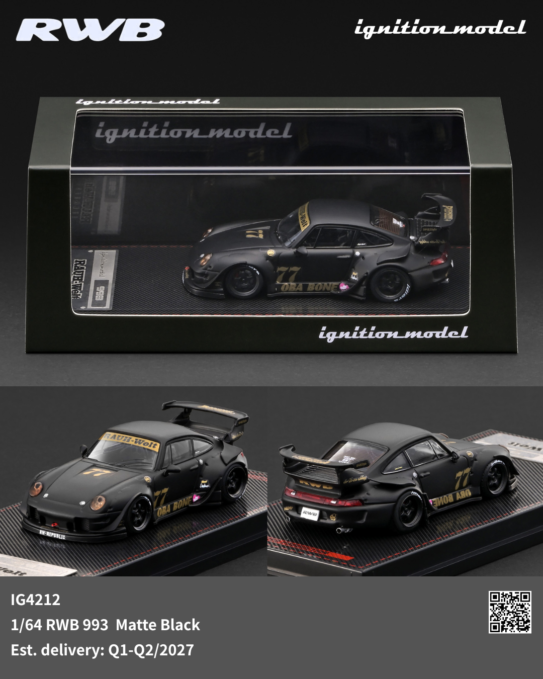 [Preorder] Ignition Model 1:64 Porsche RWB 993 Matte Black IG4212
