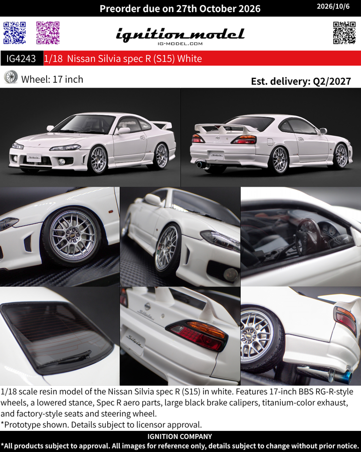 [Preorder] Ignition Model 1:18 Nissan Silvia spec R (S15) White IG4243
