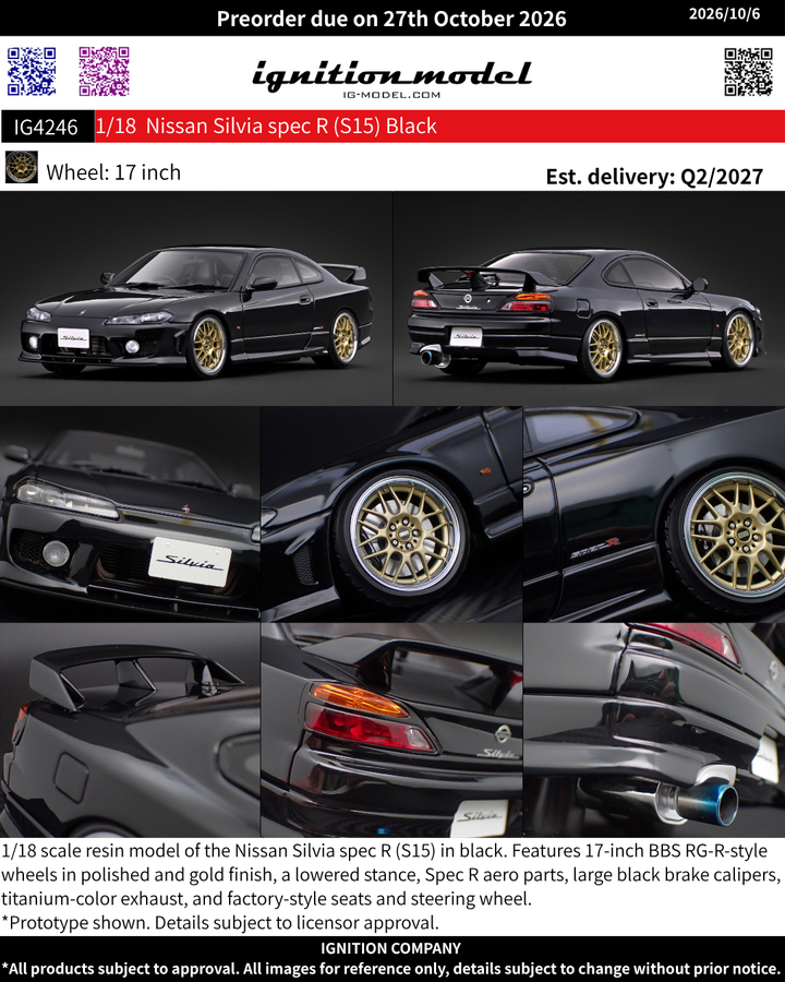 [Preorder] Ignition Model 1:18 Nissan Silvia spec R (S15) Black IG4246