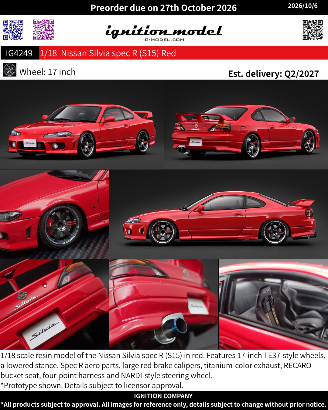 [Preorder] Ignition Model 1:18 Nissan Silvia spec R (S15) Red IG4249