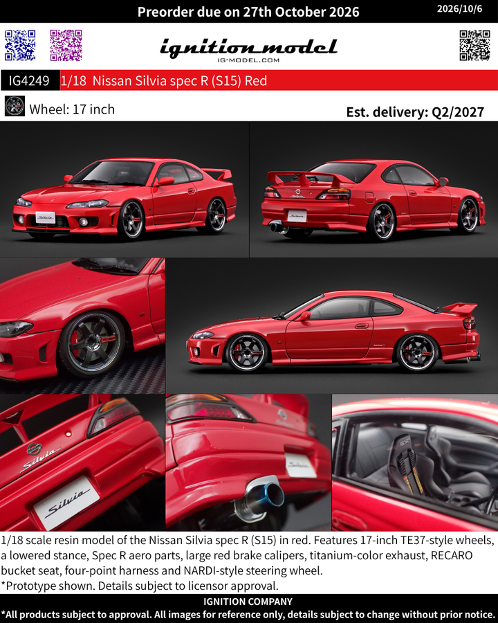 [Preorder] Ignition Model 1:18 Nissan Silvia spec R (S15) Red IG4249