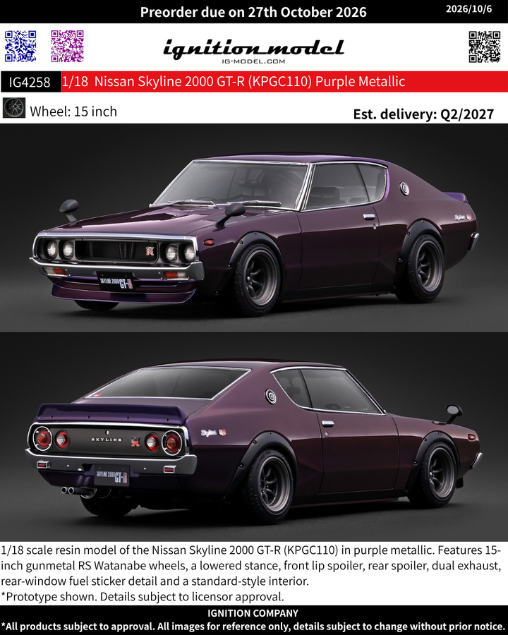 [Preorder] Ignition Model 1:18 Nissan Skyline 2000 GT-R (KPGC110) Purple Metallic IG4258