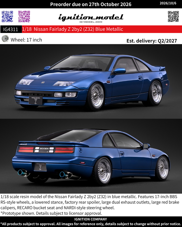 [Preorder] Ignition Model 1:18 Nissan Fairlady Z 2by2 (Z32) Blue Metallic IG4311