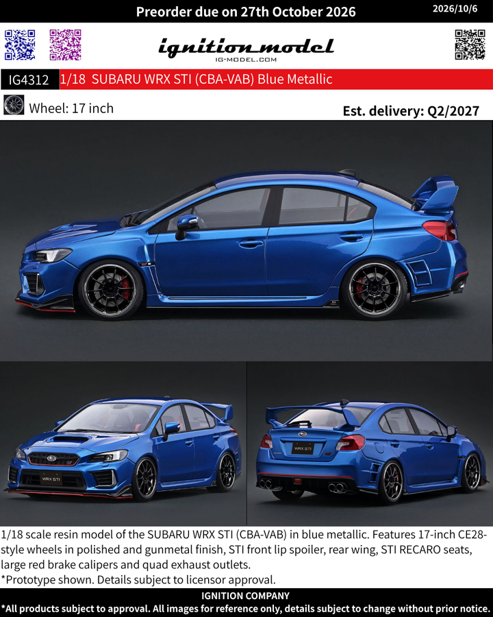 [Preorder] Ignition Model 1:18 SUBARU WRX STI (CBA-VAB) Blue Metallic IG4312