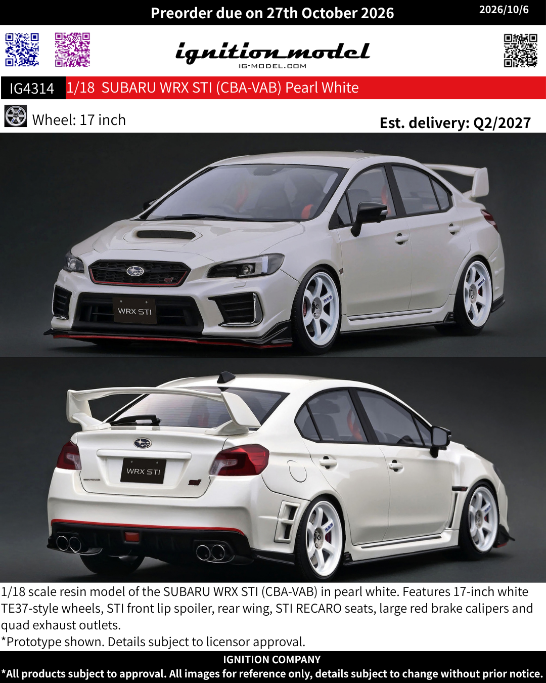 [Preorder] Ignition Model 1:18 SUBARU WRX STI (CBA-VAB) Pearl White IG4314