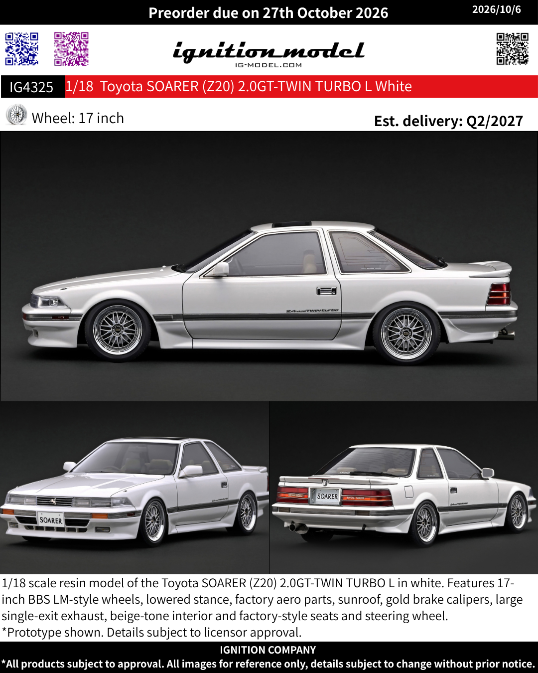 [Preorder] Ignition Model 1:18 Toyota SOARER (Z20) 2.0GT-TWIN TURBO L White IG4325