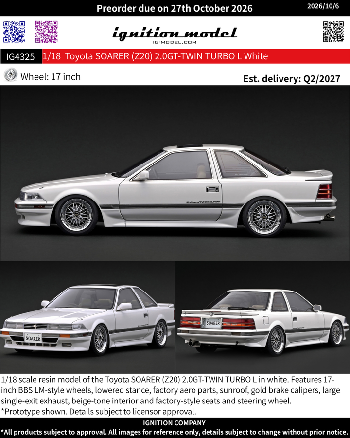 [Preorder] Ignition Model 1:18 Toyota SOARER (Z20) 2.0GT-TWIN TURBO L White IG4325