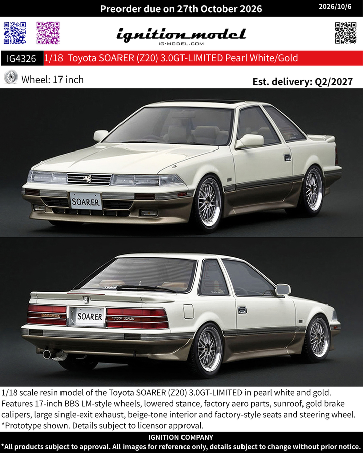 [Preorder] Ignition Model 1:18 Toyota SOARER (Z20) 3.0GT-LIMITED Pearl White/Gold IG4326
