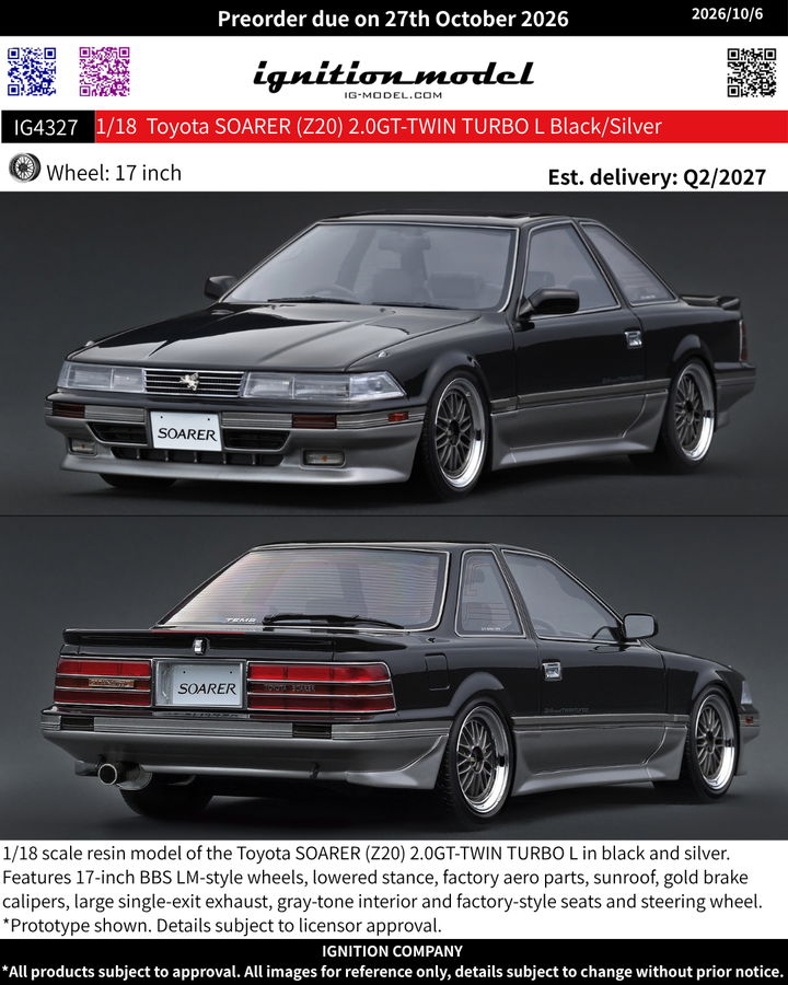 [Preorder] Ignition Model 1:18 Toyota SOARER (Z20) 2.0GT-TWIN TURBO L Black/Silver IG4327