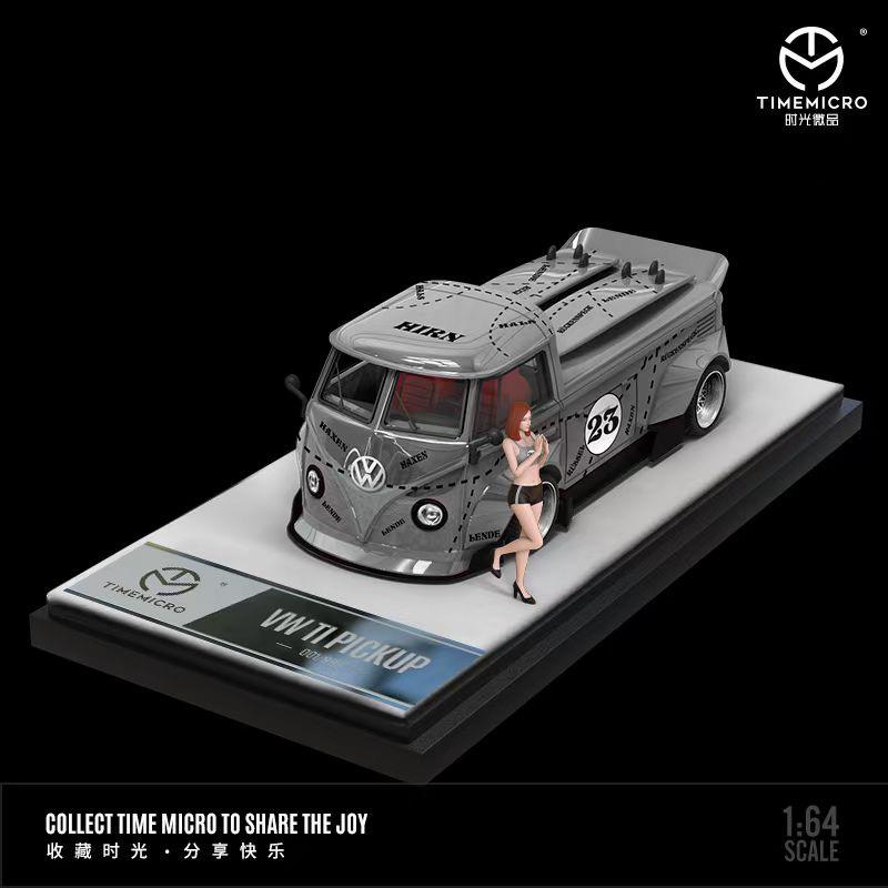 TimeMicro 1:64 Volkswagen T1 Pick Up Truck Wide Body Silver Figurine Doll Version TM643912-1