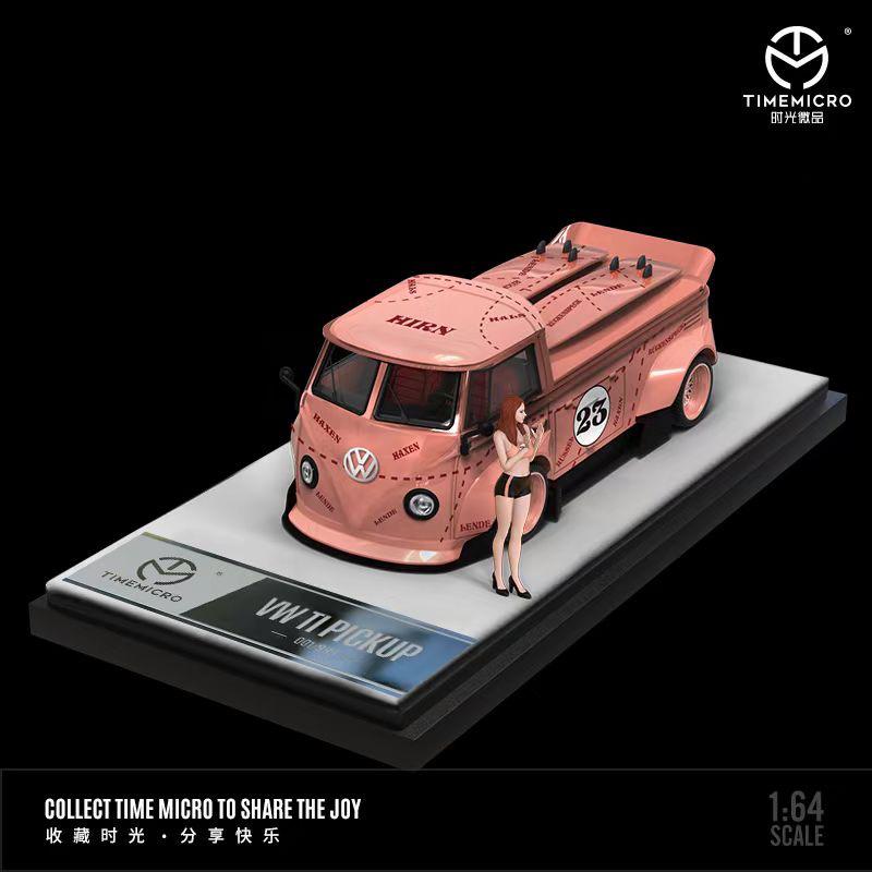 TimeMicro 1:64 VolkswagenT1 Pick Up Truck Wide Body Pink Figurine Doll Version TM643911-1