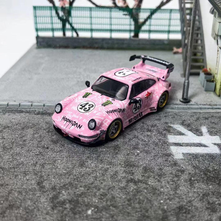 King Model 1:64 Porsche 911 RWB964 Hoonigan Pink Pink No. 43 High Wing Version