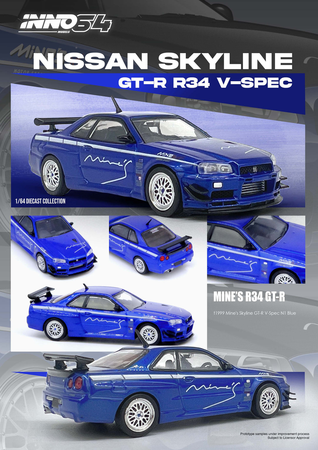 [Preorder] Inno64 1:64 NISSAN SKYLINE GT-R (R34) V-SPEC Tuned by "MINE'S" BLUE