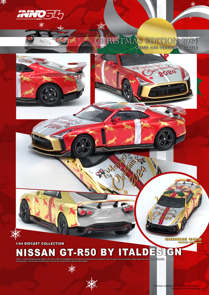 Inno64 1:64 NISSAN GT-R50 "X'MAS 2024" Special Edition With Chrome Gold Chase Car (random chase car) IN64-R50-XMAS24