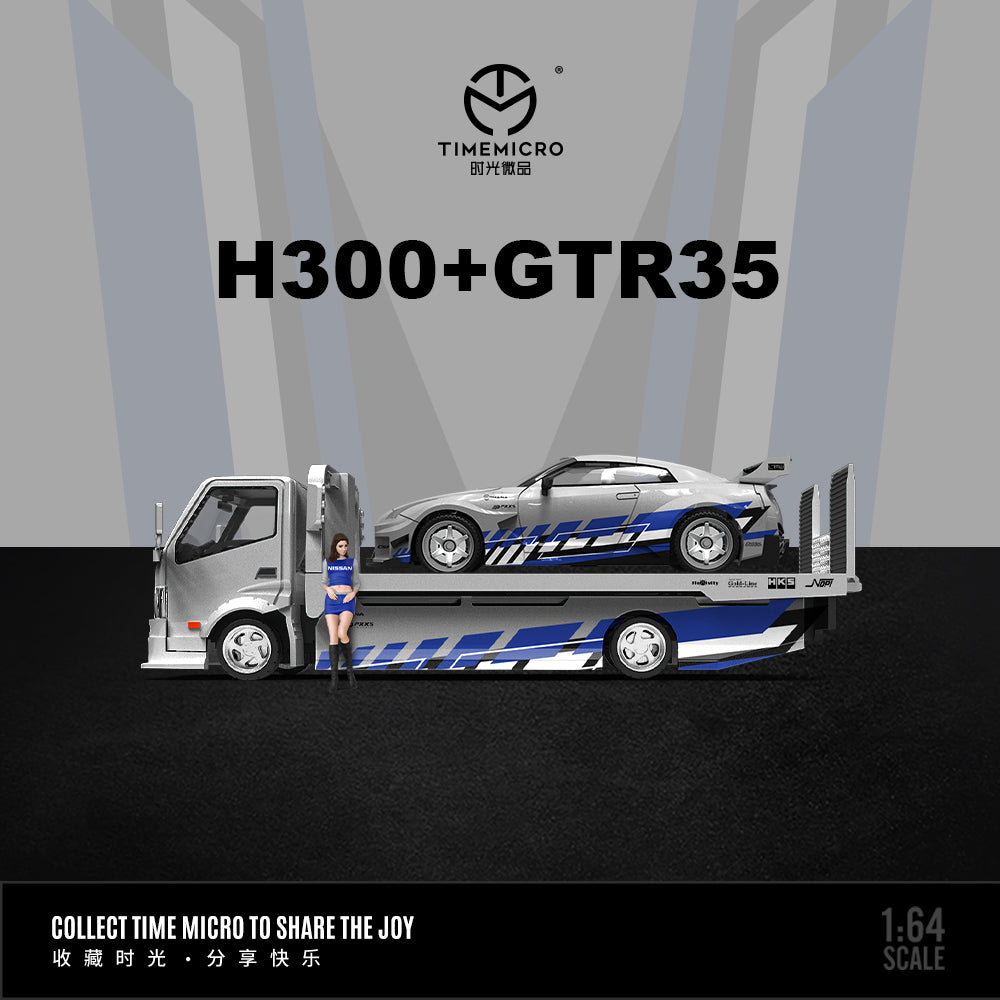 Time Micro 1:64 H300 Flatbed Trailer & Nissan GT-R R35 Silver Blue