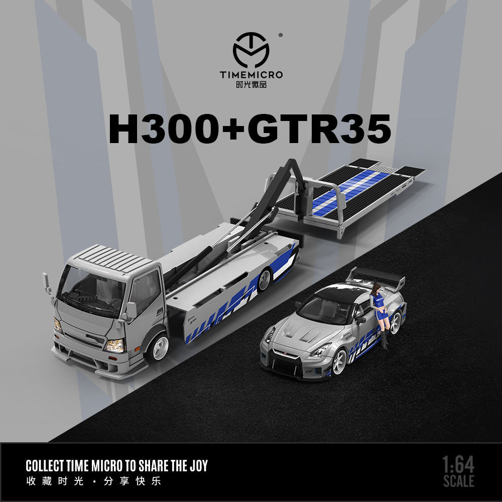 Time Micro 1:64 H300 Flatbed Trailer & Nissan GT-R R35 Silver Blue Liv ...