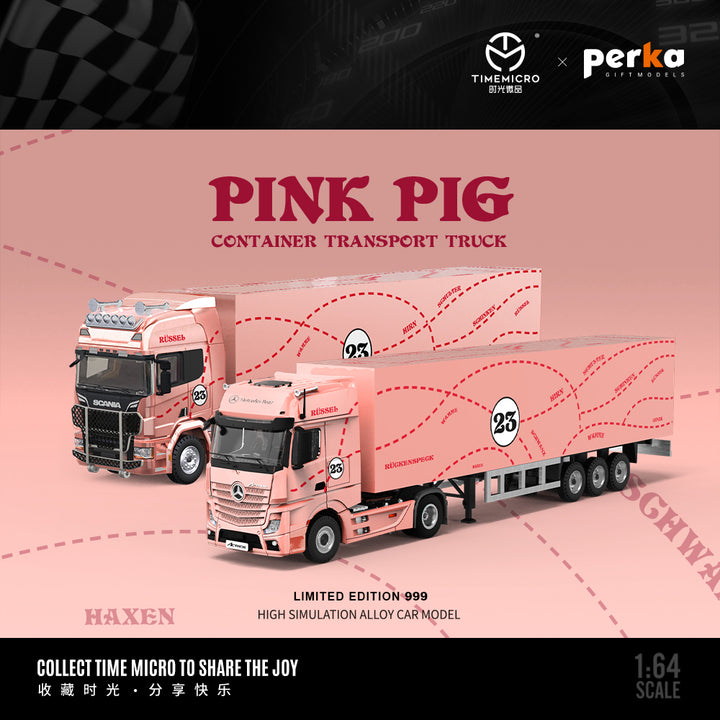 [Preorder] Time Micro X Perka 1:64 Scania & Mercedes-Benz Actros Container Truck Pink Pig