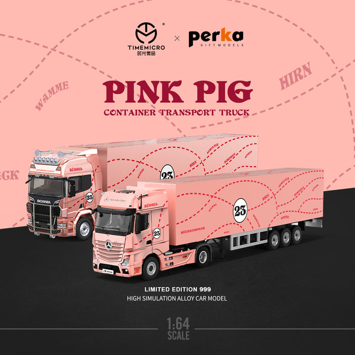 [Preorder] Time Micro X Perka 1:64 Scania & Mercedes-Benz Actros Container Truck Pink Pig