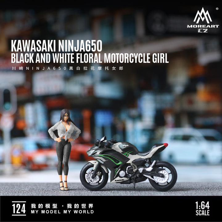 [Preorder] MoreArt 1:64 KAWASAKI NINJA650 BLACK AND WHITE FLORAL MOTORCYCLE Girl MO222124