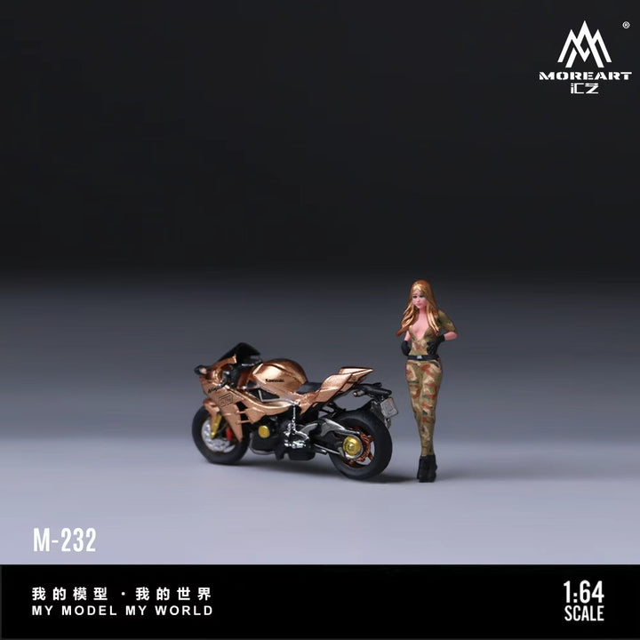 [Preorder] MoreArt 1:64 Kawasaki Golden 63 camouflage outfit for blonde female motorcycle figurine set MO222232
